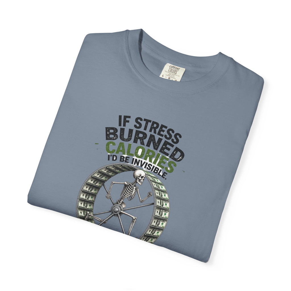 Stress Burns Calories T-Shirt — Funny Workout Hamster Wheel Graphic Tee