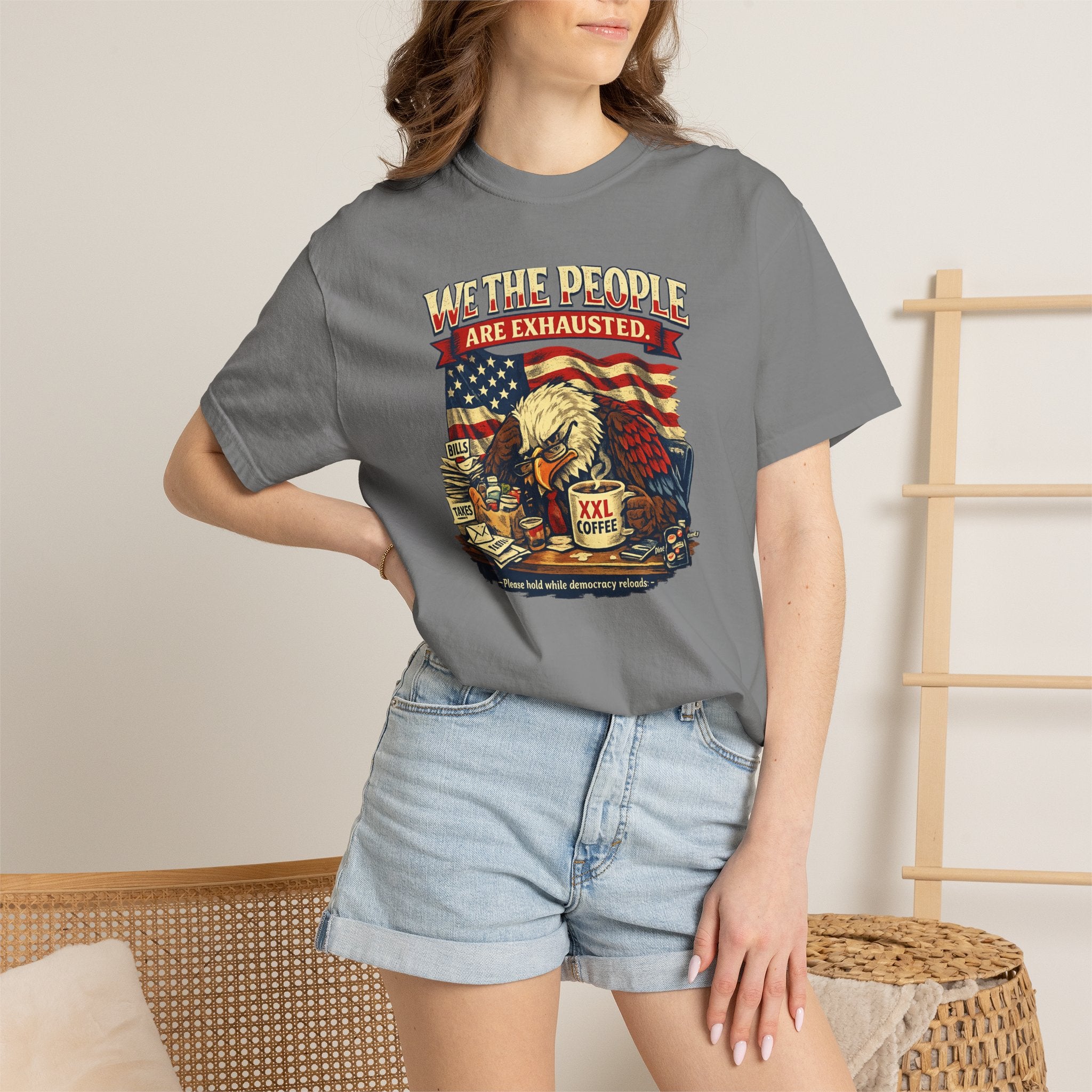 T-Shirt — "We the People Are Exhausted" Patriotic Vintage Eagle Tee