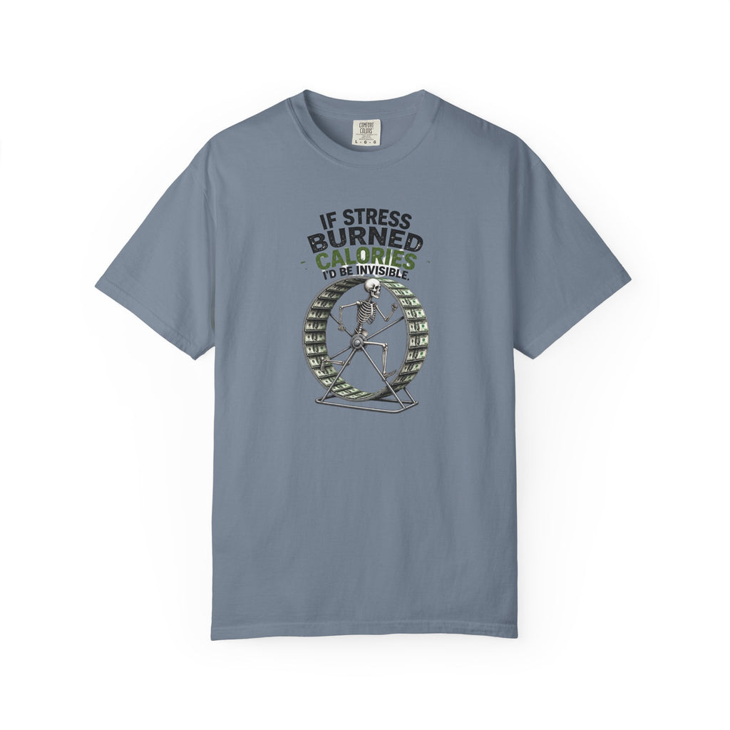 Stress Burns Calories T-Shirt — Funny Workout Hamster Wheel Graphic Tee
