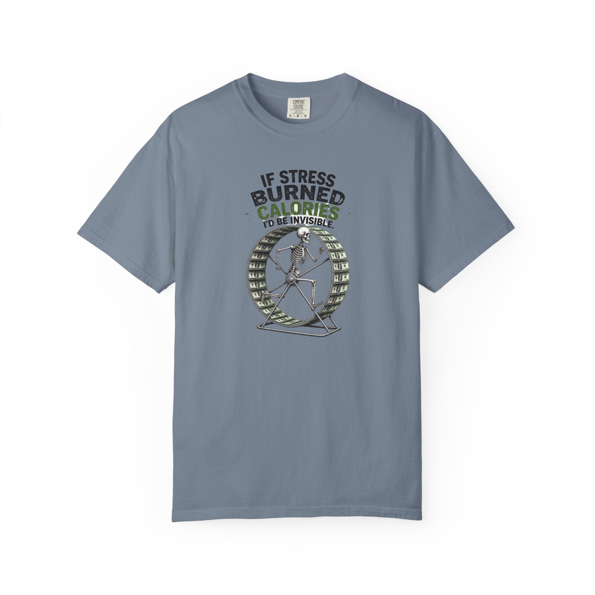 Stress Burns Calories T-Shirt — Funny Workout Hamster Wheel Graphic Tee