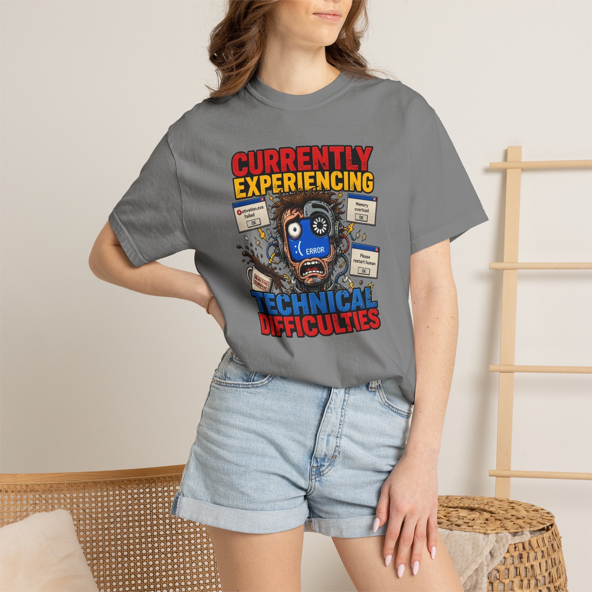 T-Shirt — "Currently Experiencing Technical Difficulties" Funny Tech Support Graphic Tee