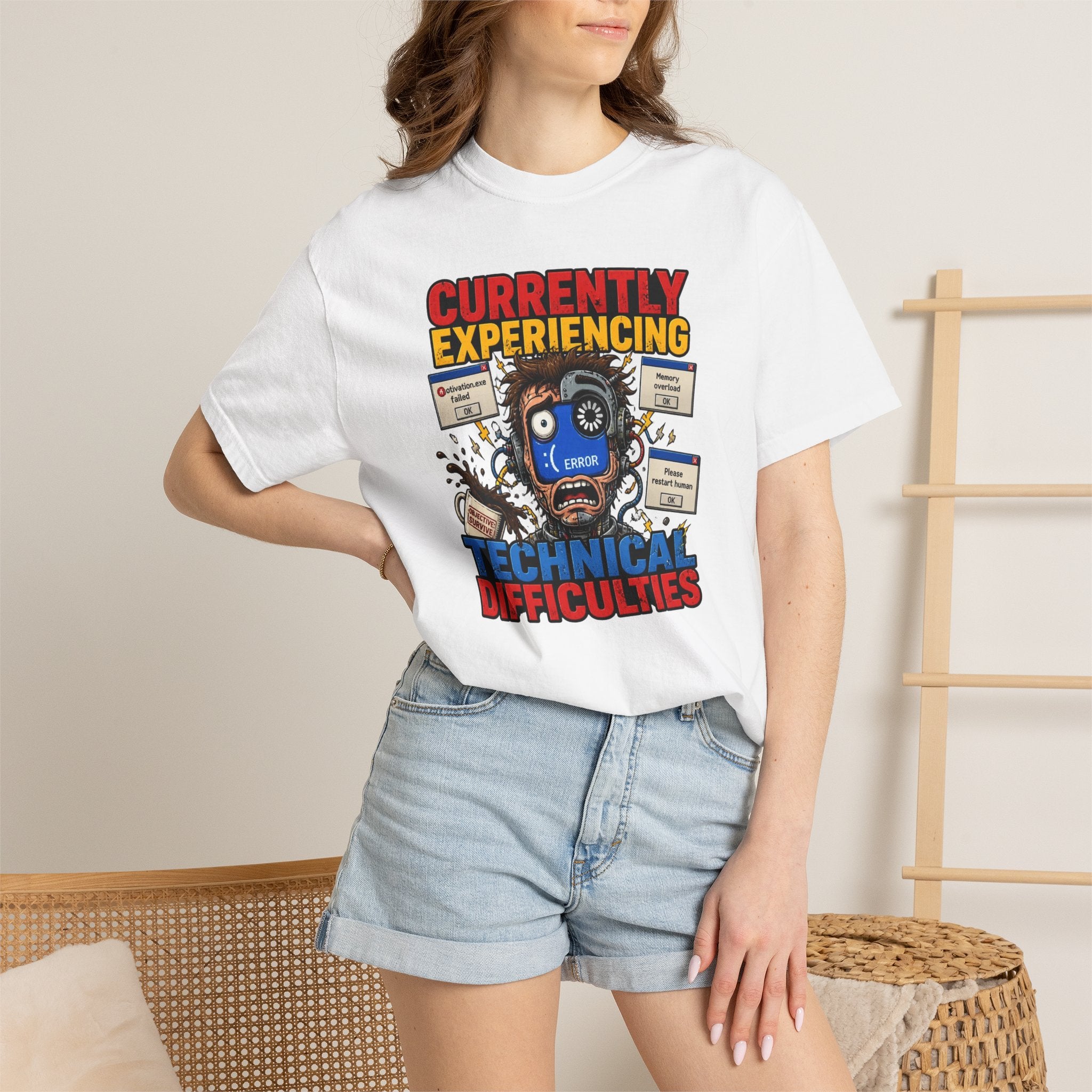 T-Shirt — "Currently Experiencing Technical Difficulties" Funny Tech Support Graphic Tee