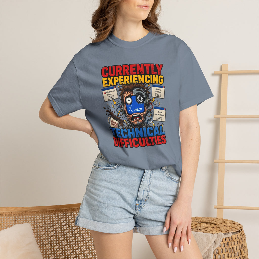 T-Shirt — "Currently Experiencing Technical Difficulties" Funny Tech Support Graphic Tee
