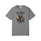 Too Tired To Care, Too Broke To Quit Raccoon T-Shirt — Funny Coffee & Hustle Tee