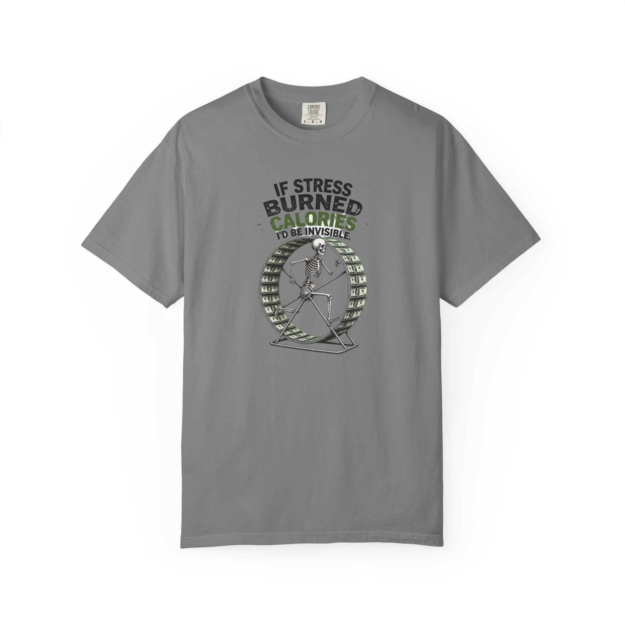 Stress Burns Calories T-Shirt — Funny Workout Hamster Wheel Graphic Tee