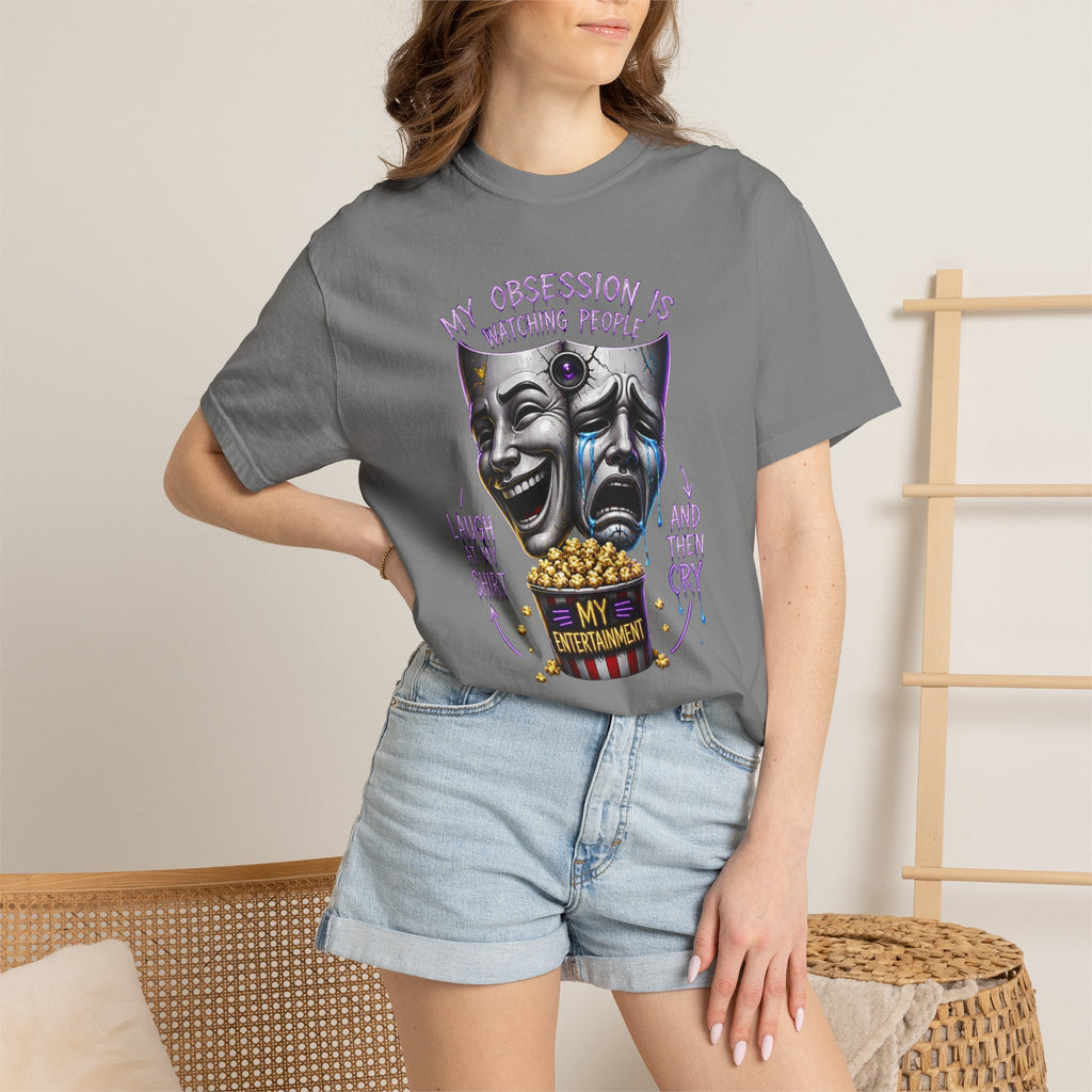 Theater Masks Popcorn Tee — “My Obsession Is Watching People” Graphic T-Shirt
