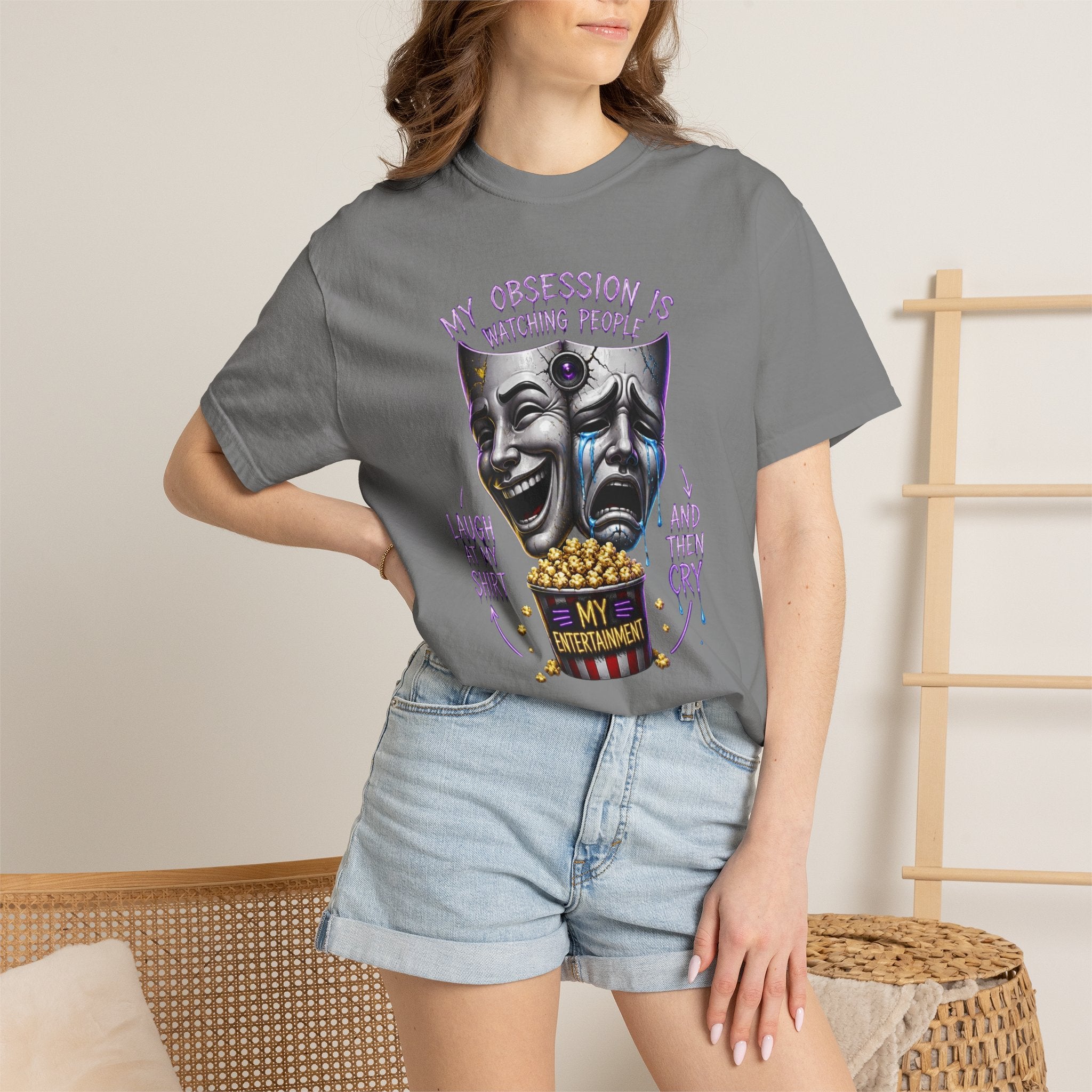 Theater Masks Popcorn Tee — “My Obsession Is Watching People” Graphic T-Shirt