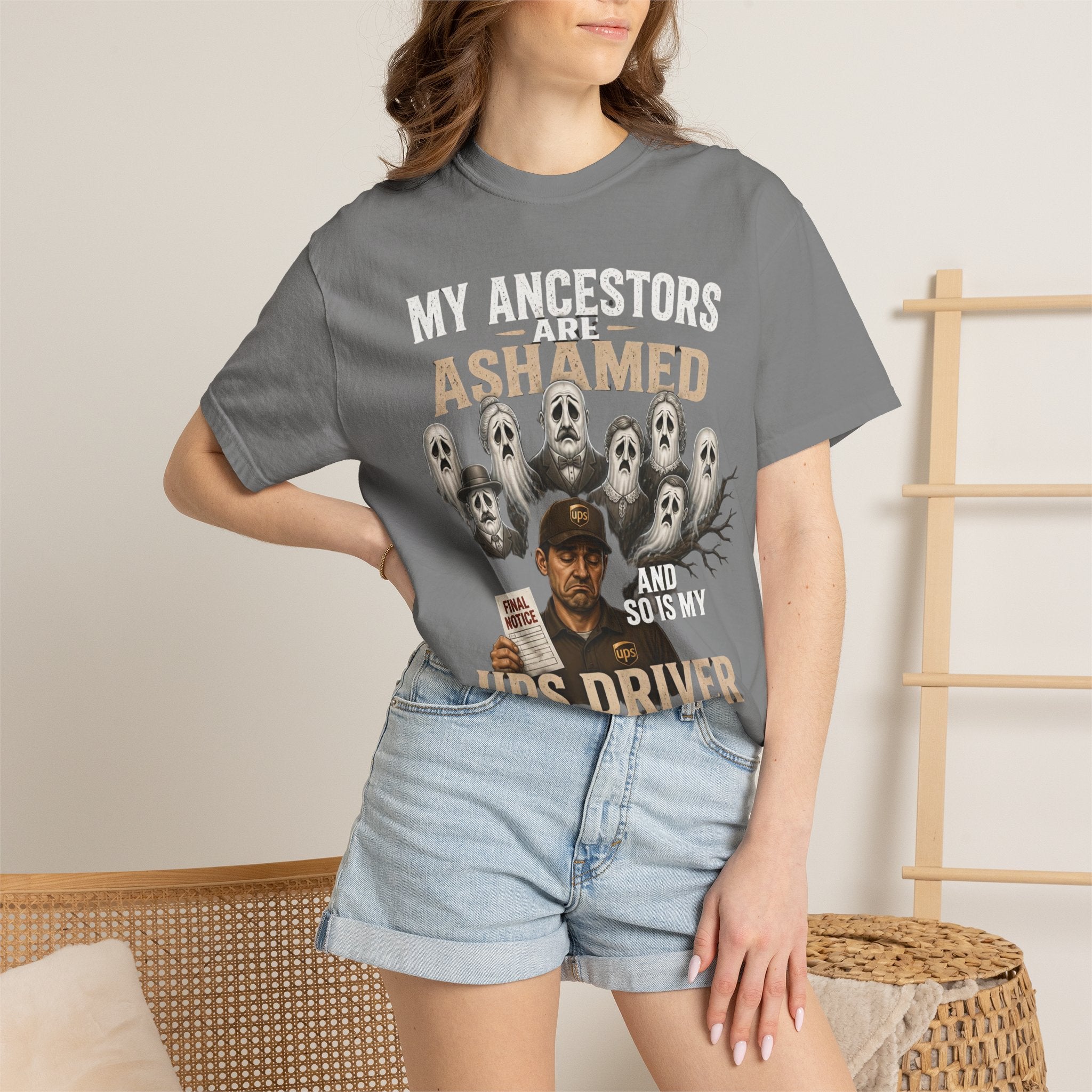 UPS Driver Ghosts Graphic T-Shirt — "My Ancestors Are Ashamed" Statement Tee