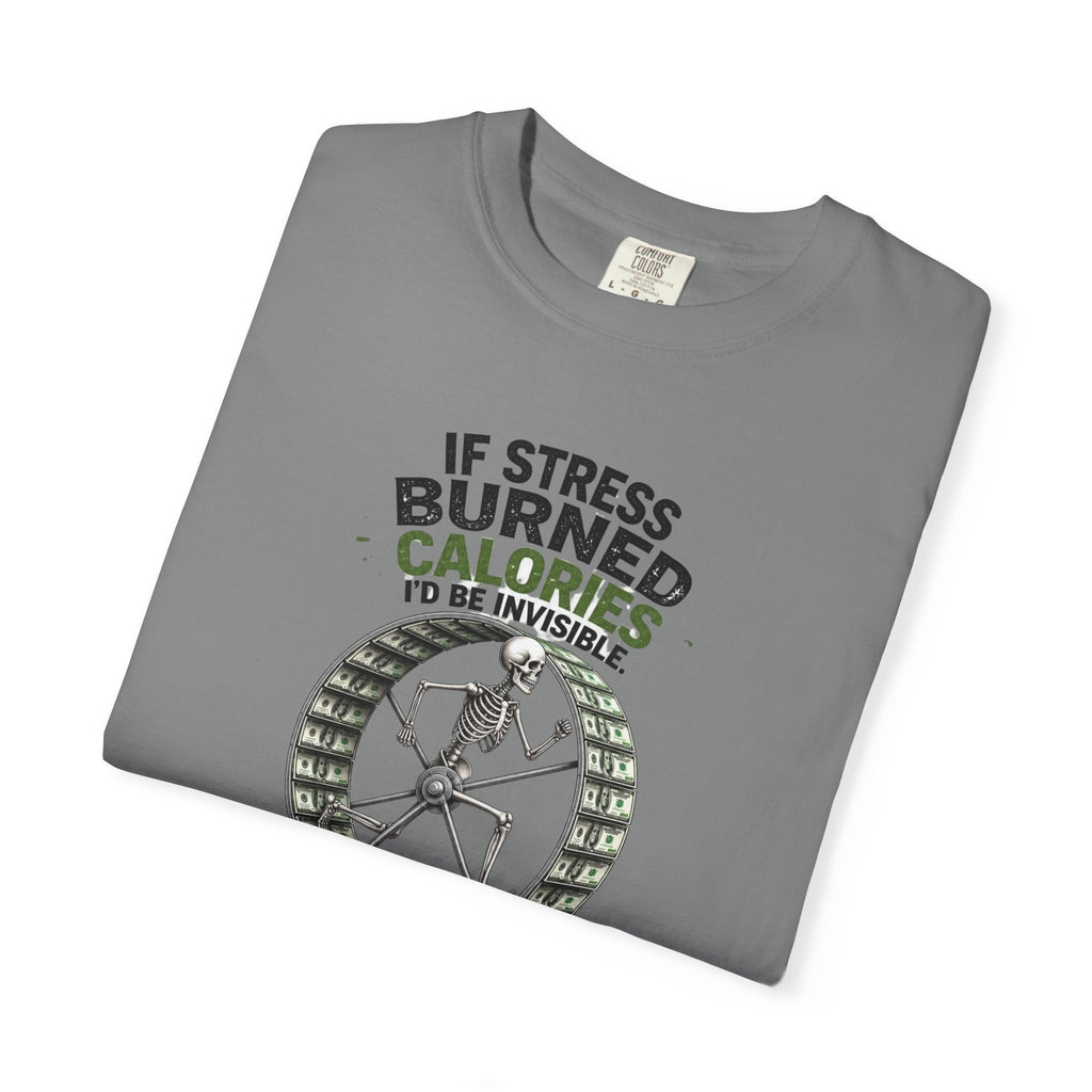 Stress Burns Calories T-Shirt — Funny Workout Hamster Wheel Graphic Tee