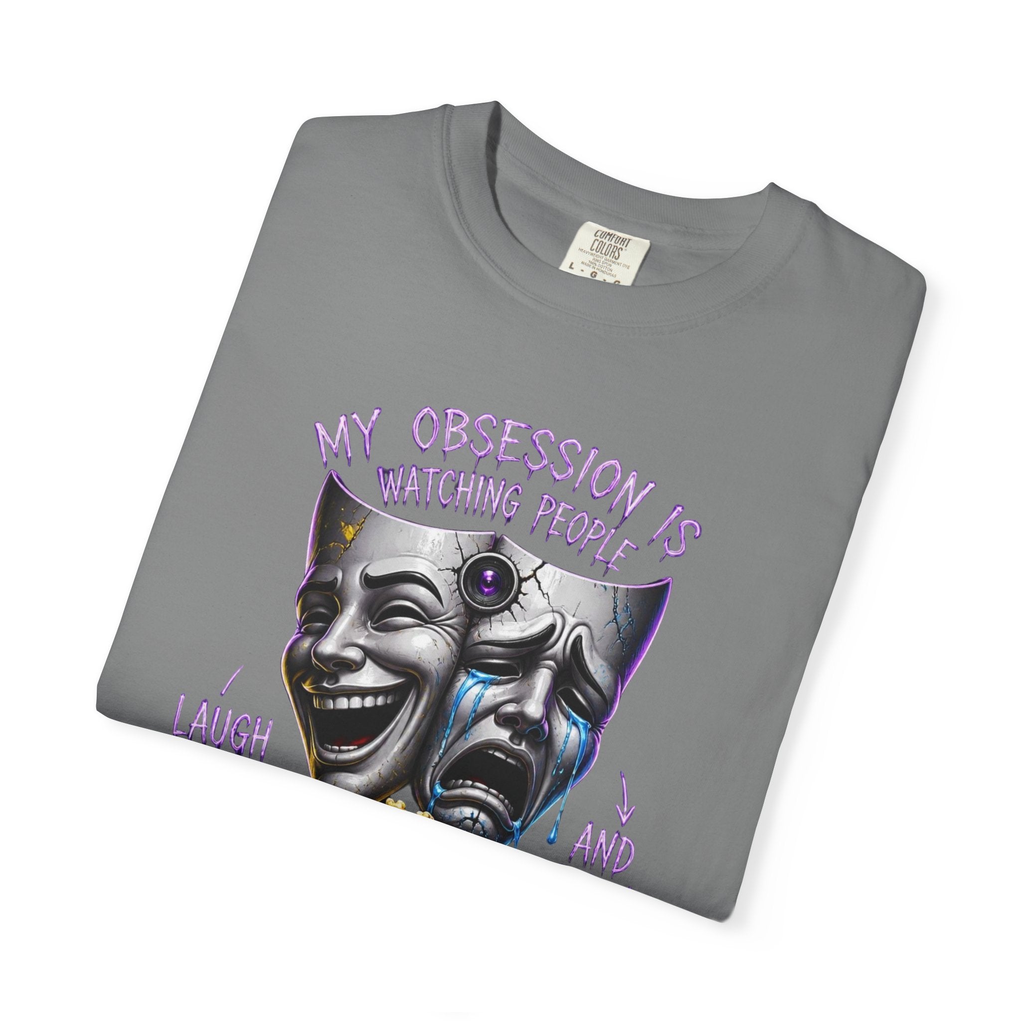 Theater Masks Popcorn Tee — “My Obsession Is Watching People” Graphic T-Shirt