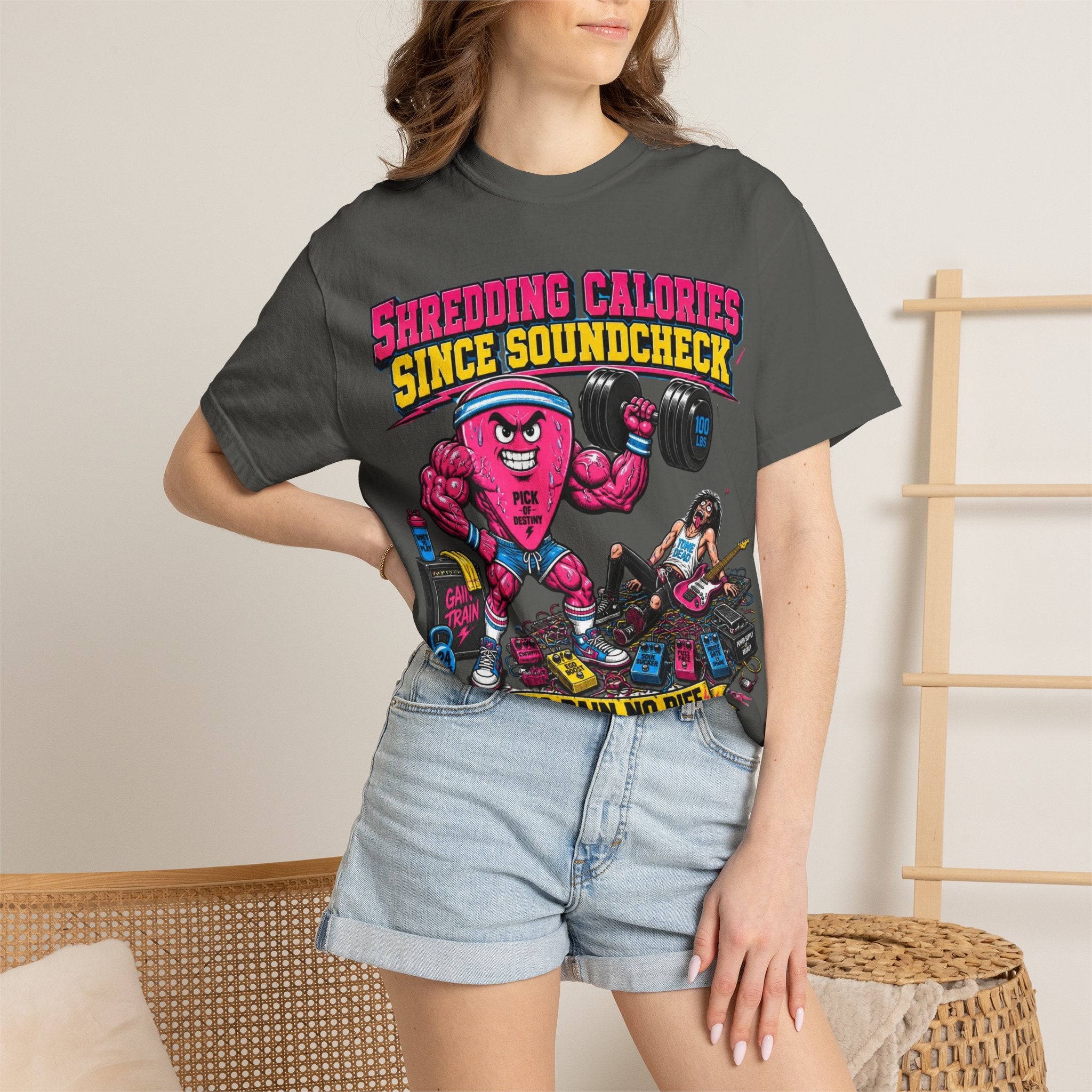 Shredding Calories Since Soundcheck T-Shirt — "No Pain No Riff" Rock Gym Tee