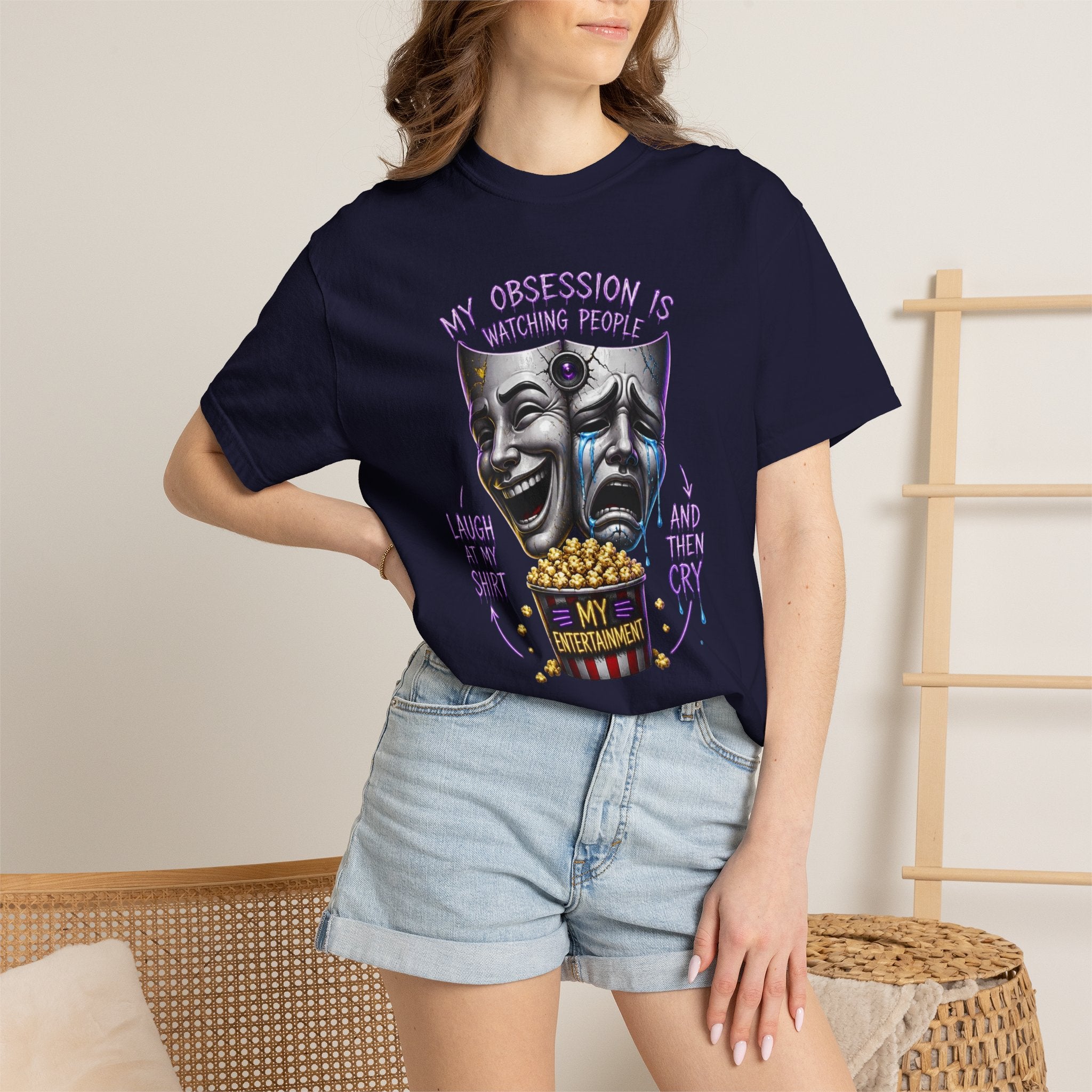 Theater Masks Popcorn Tee — “My Obsession Is Watching People” Graphic T-Shirt