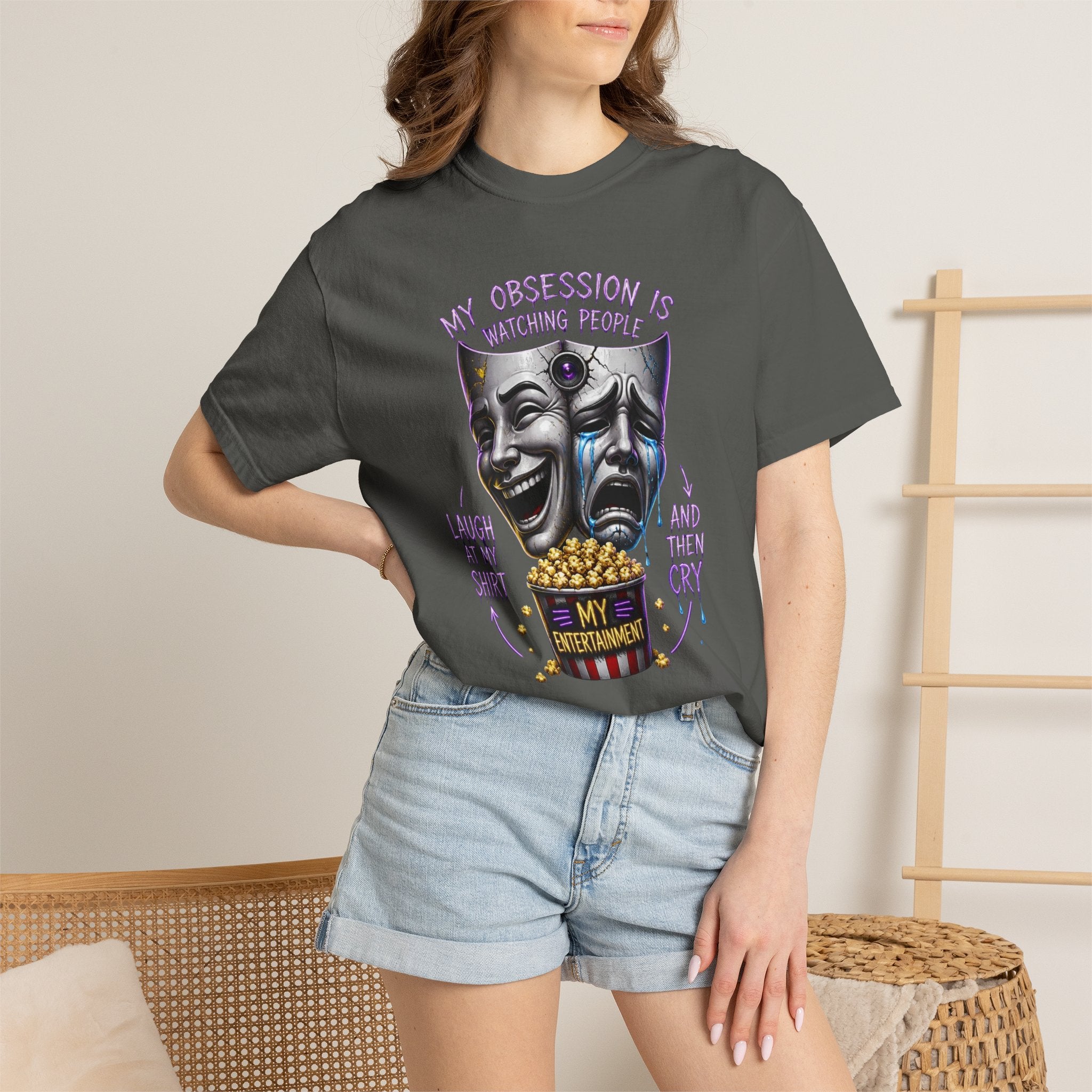 Theater Masks Popcorn Tee — “My Obsession Is Watching People” Graphic T-Shirt