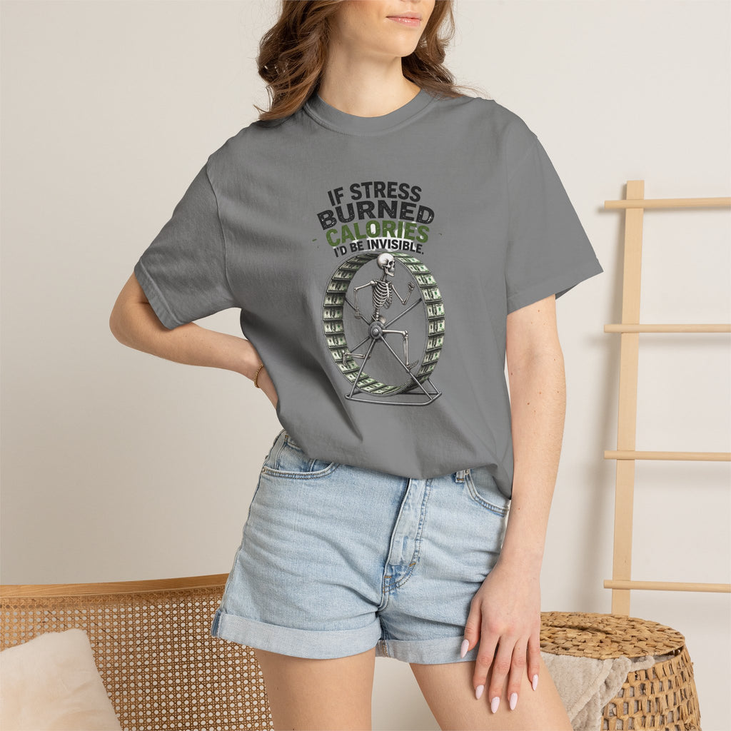 Stress Burns Calories T-Shirt — Funny Workout Hamster Wheel Graphic Tee