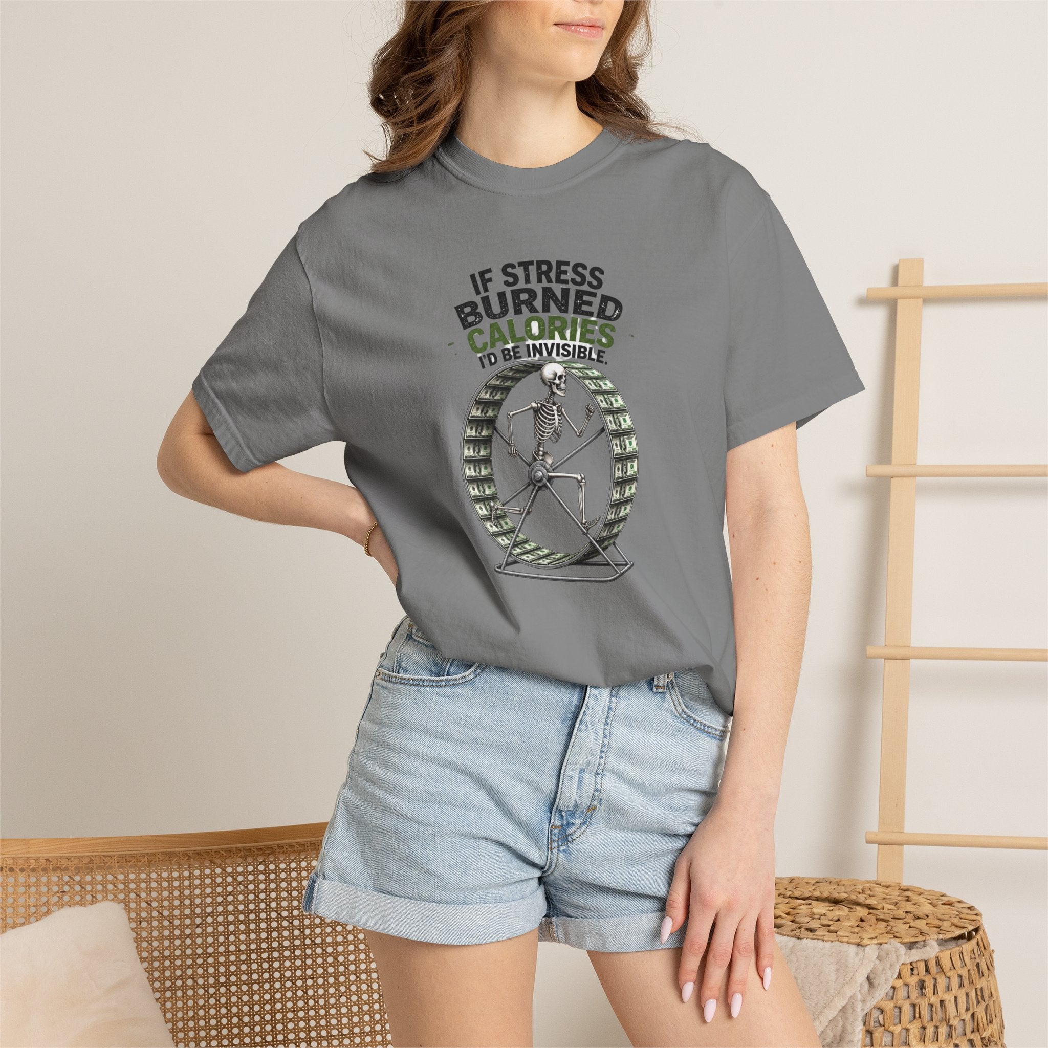 Stress Burns Calories T-Shirt — Funny Workout Hamster Wheel Graphic Tee