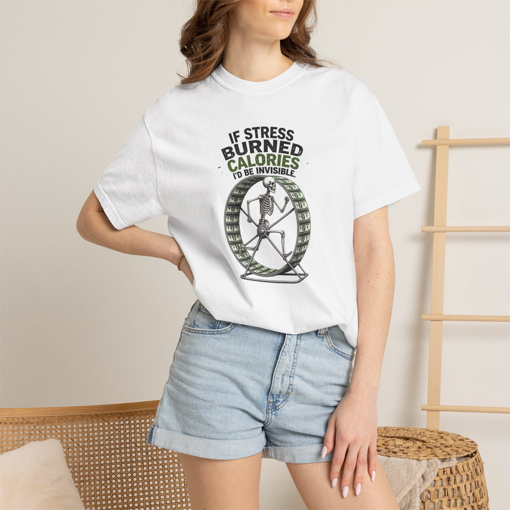 Stress Burns Calories T-Shirt — Funny Workout Hamster Wheel Graphic Tee