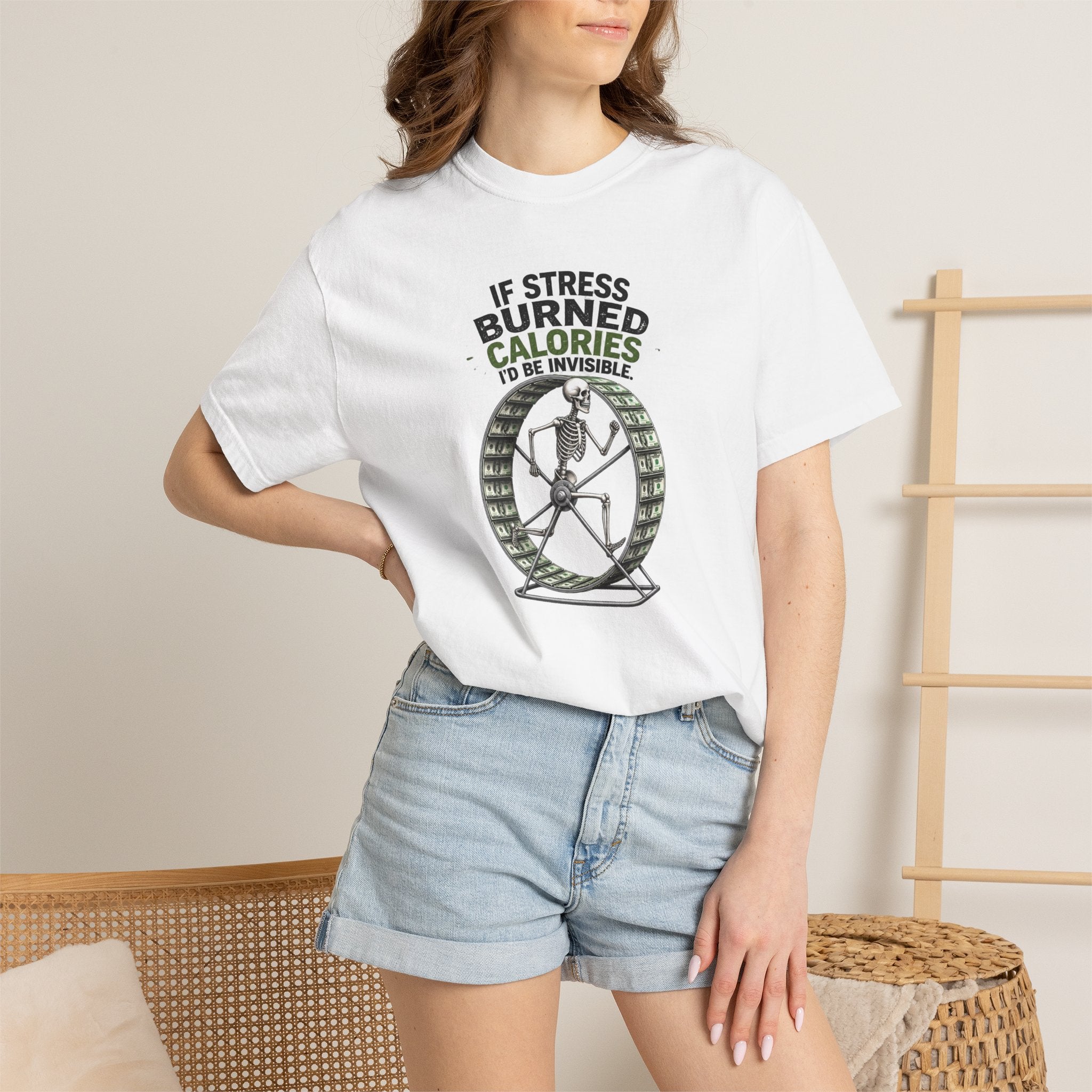 Stress Burns Calories T-Shirt — Funny Workout Hamster Wheel Graphic Tee