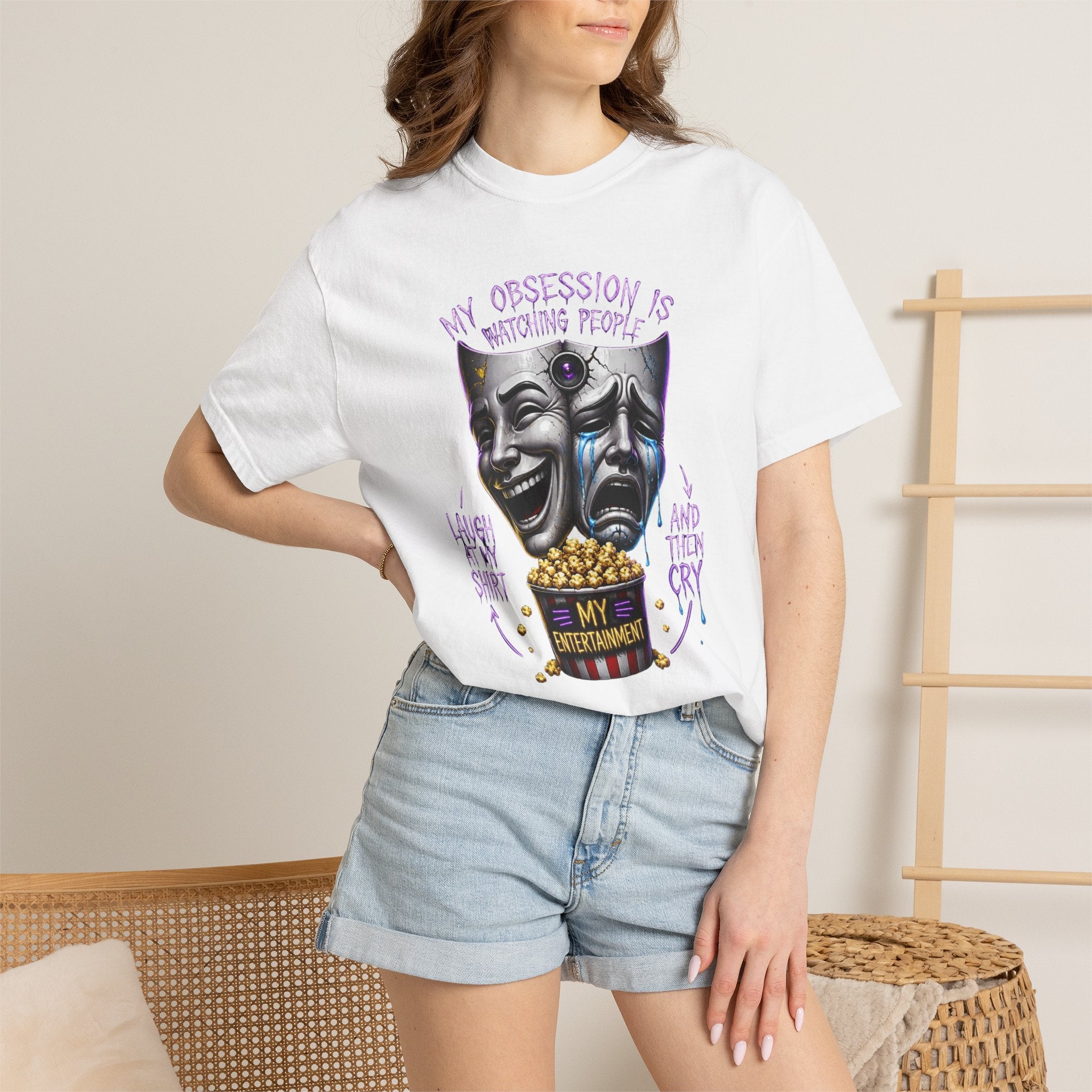 Theater Masks Popcorn Tee — “My Obsession Is Watching People” Graphic T-Shirt