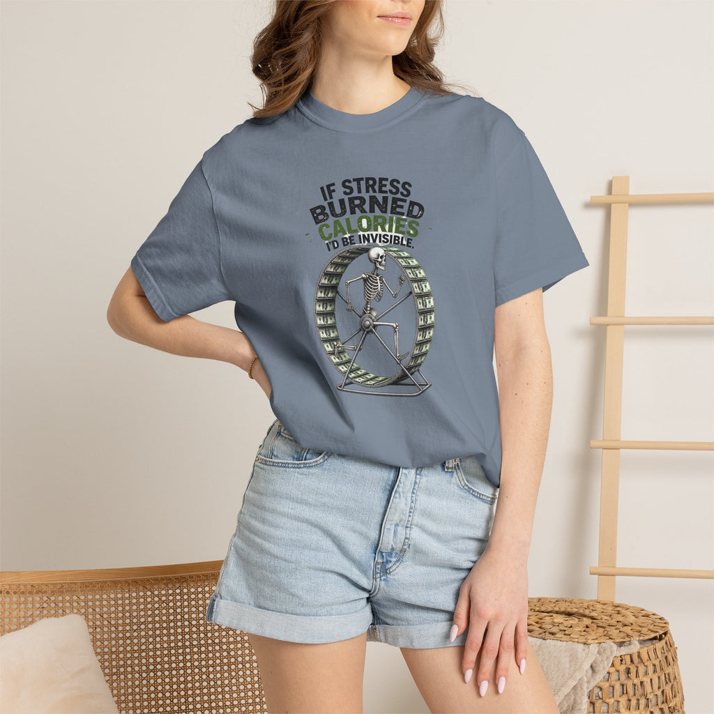 Stress Burns Calories T-Shirt — Funny Workout Hamster Wheel Graphic Tee