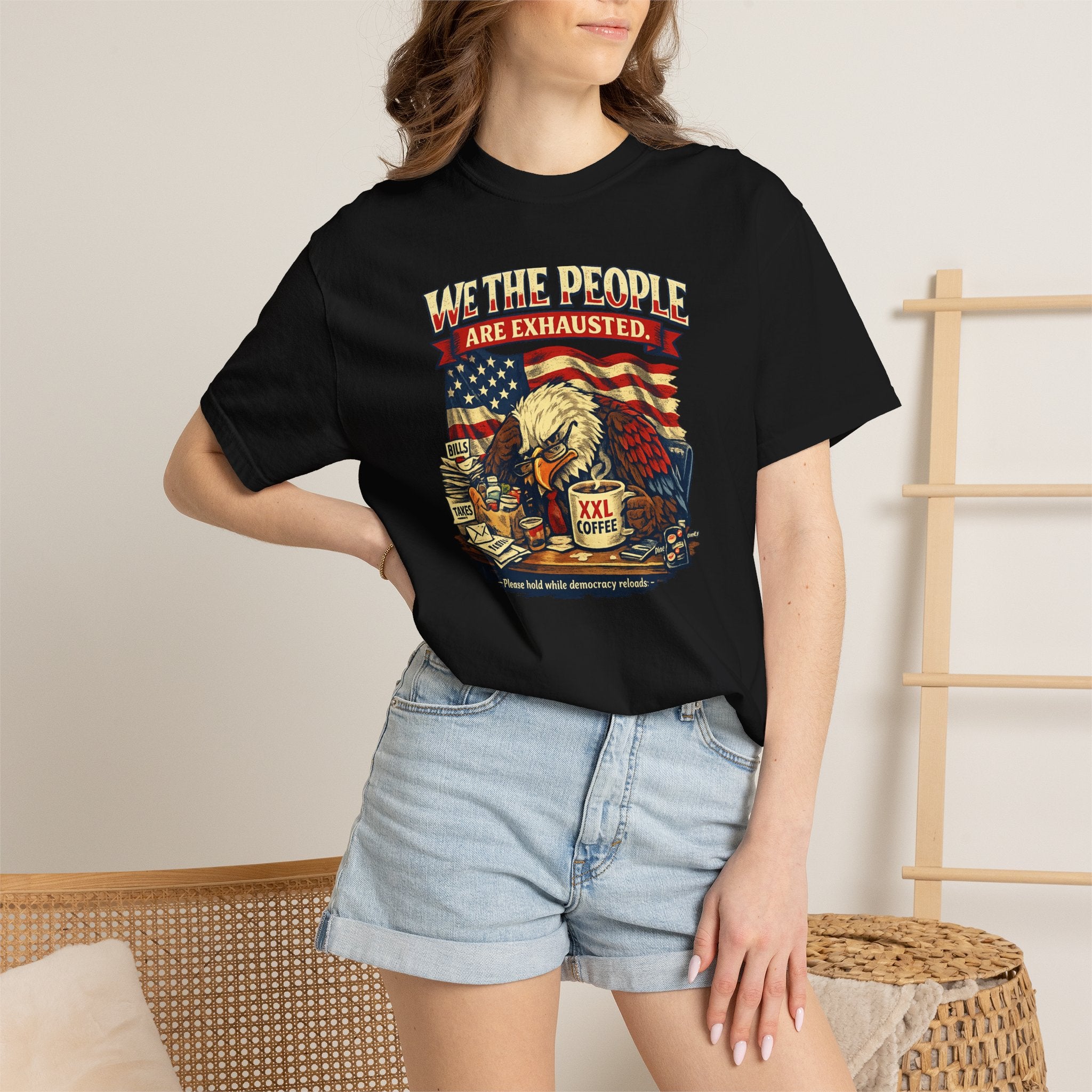 T-Shirt — "We the People Are Exhausted" Patriotic Vintage Eagle Tee