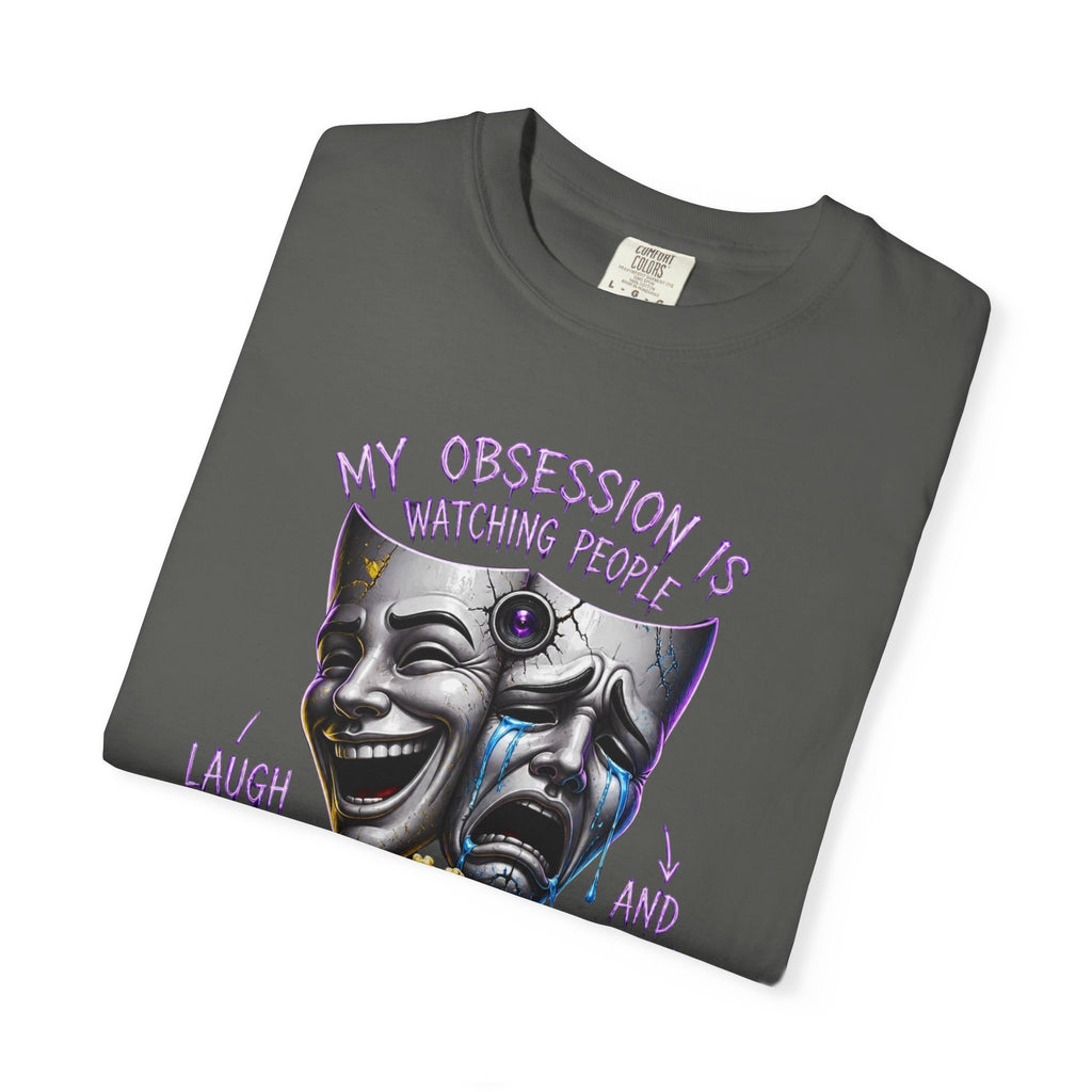 Theater Masks Popcorn Tee — “My Obsession Is Watching People” Graphic T-Shirt