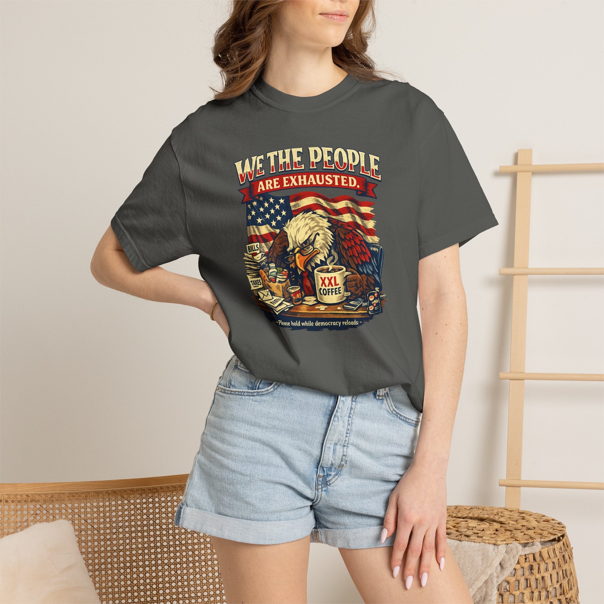 T-Shirt — "We the People Are Exhausted" Patriotic Vintage Eagle Tee