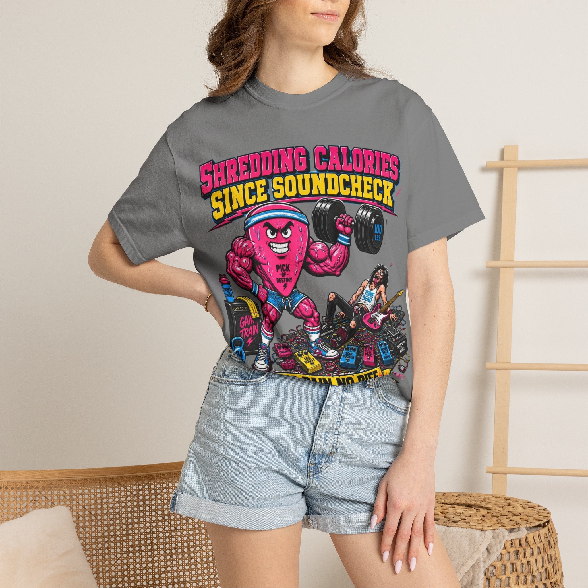 Shredding Calories Since Soundcheck T-Shirt — "No Pain No Riff" Rock Gym Tee