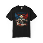 Funny Patriotic T-Shirt — “Left Wing Right Wing Same Bird Still Pooping On My Car”