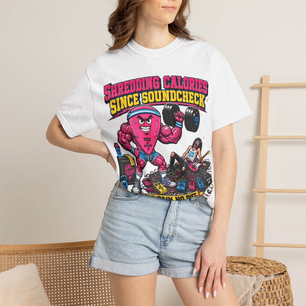 Shredding Calories Since Soundcheck T-Shirt — "No Pain No Riff" Rock Gym Tee