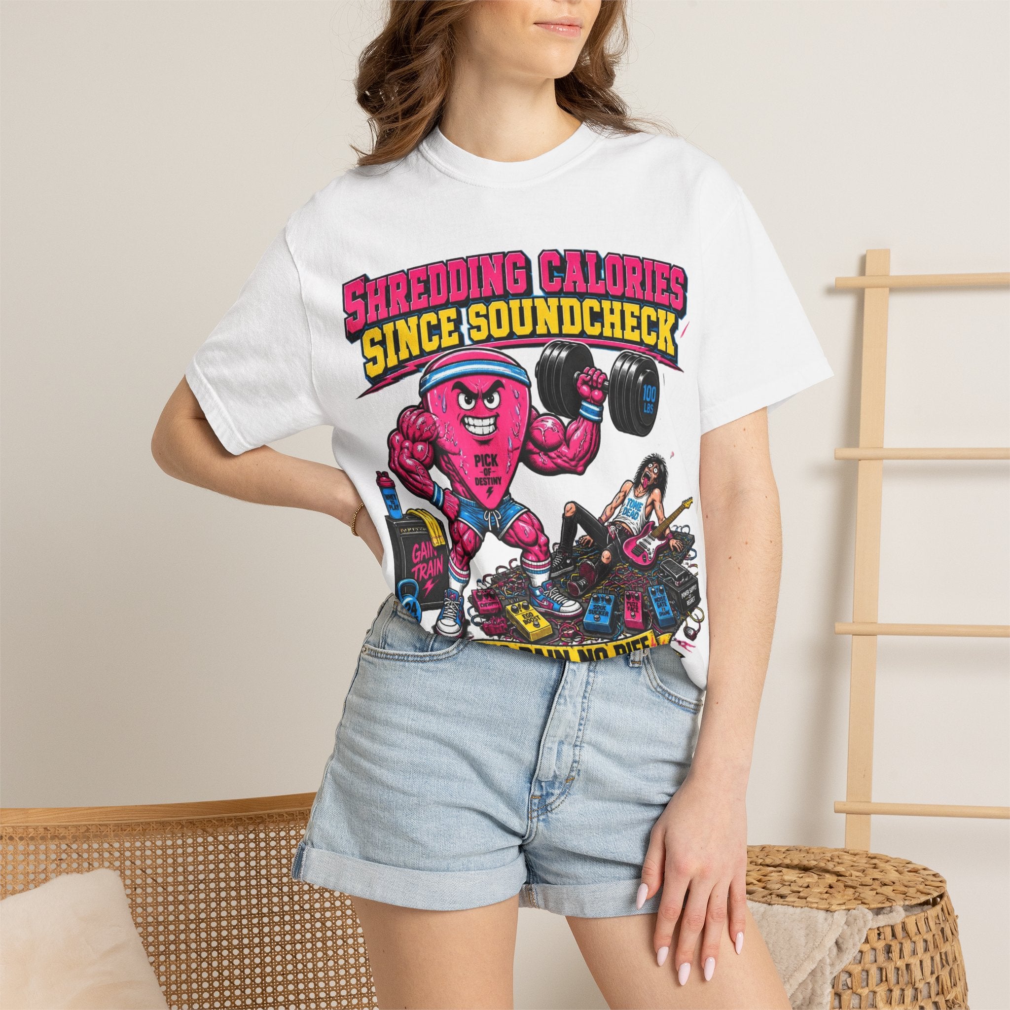 Shredding Calories Since Soundcheck T-Shirt — "No Pain No Riff" Rock Gym Tee