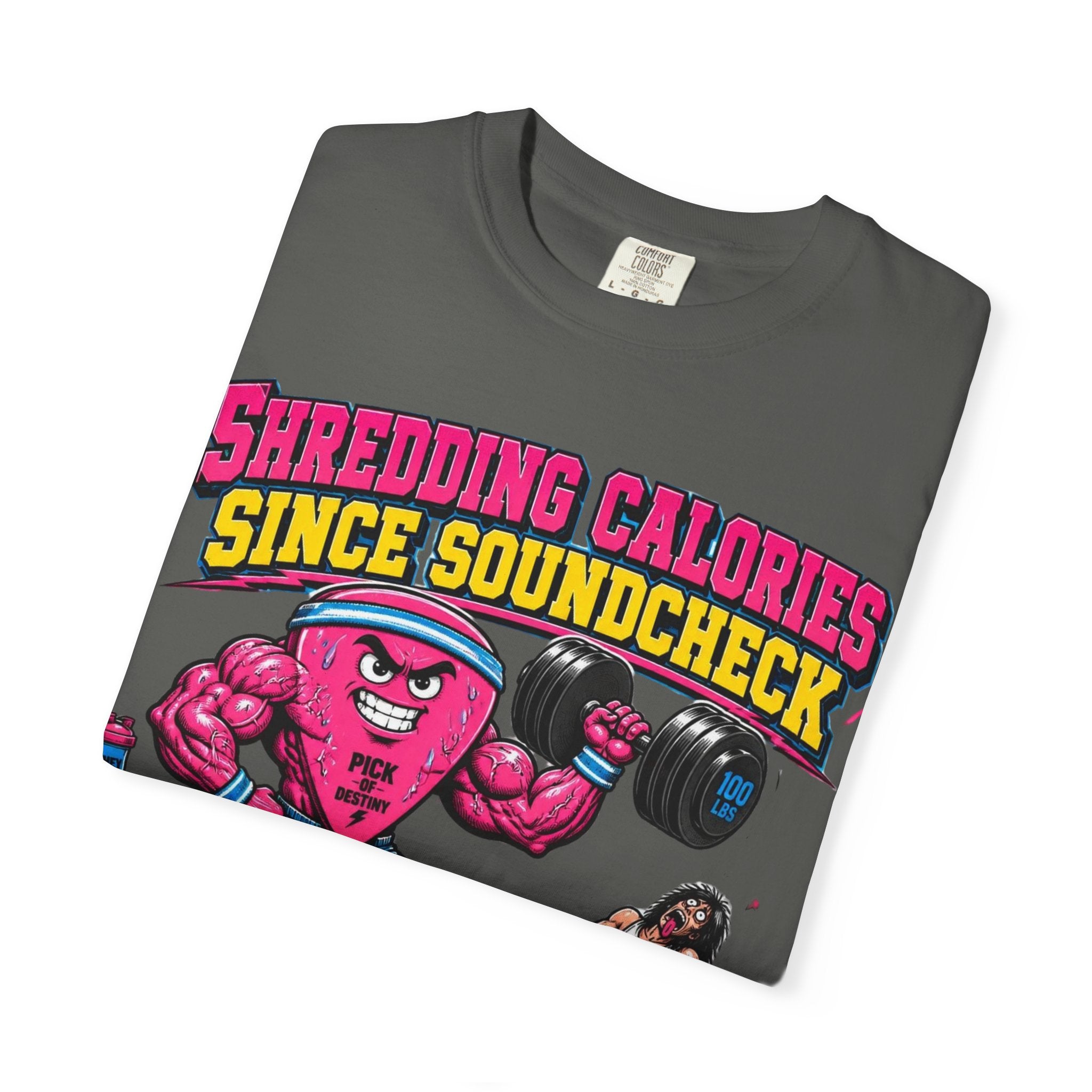 Shredding Calories Since Soundcheck T-Shirt — "No Pain No Riff" Rock Gym Tee