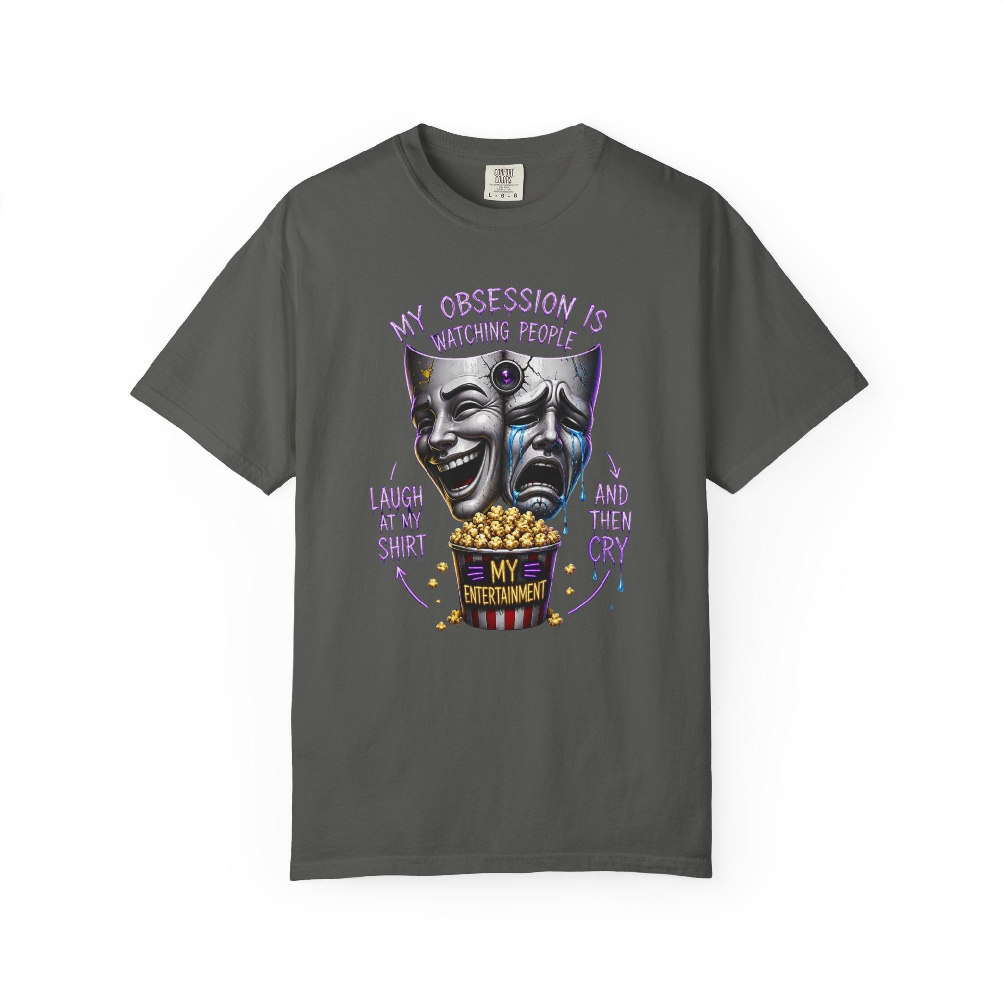 Theater Masks Popcorn Tee — “My Obsession Is Watching People” Graphic T-Shirt