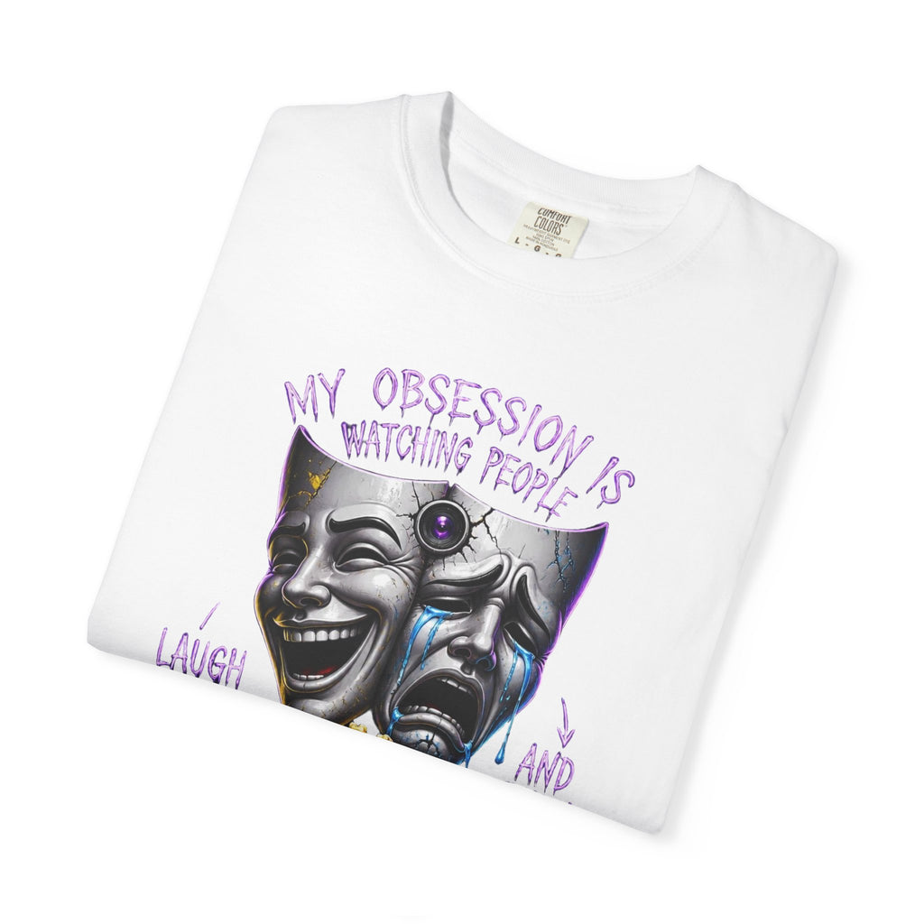 Theater Masks Popcorn Tee — “My Obsession Is Watching People” Graphic T-Shirt