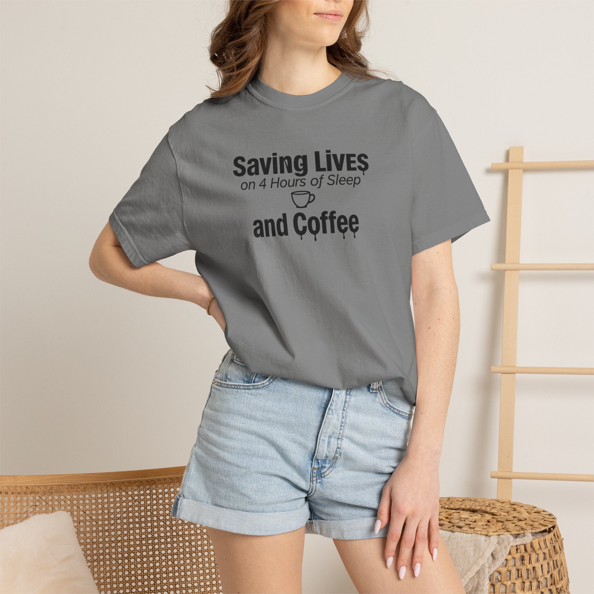 T‑Shirt — "Saving Lives on 4 Hours of Sleep and Coffee" Medical Humor Tee