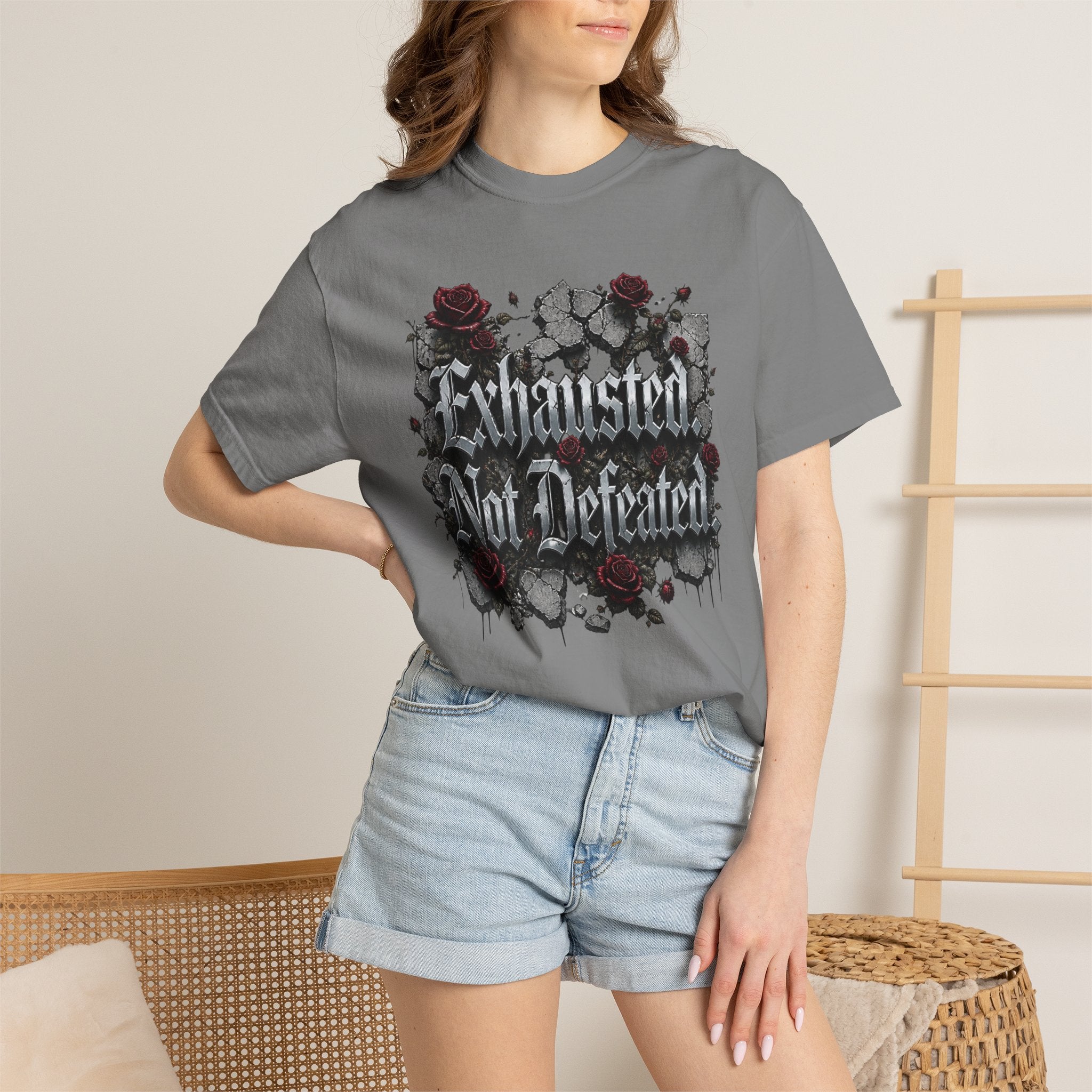 Exhausted Not Defeated T-Shirt — Gothic Rose Motivational Tee