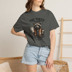 Too Tired To Care, Too Broke To Quit Raccoon T-Shirt — Funny Coffee & Hustle Tee