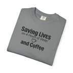 T‑Shirt — "Saving Lives on 4 Hours of Sleep and Coffee" Medical Humor Tee