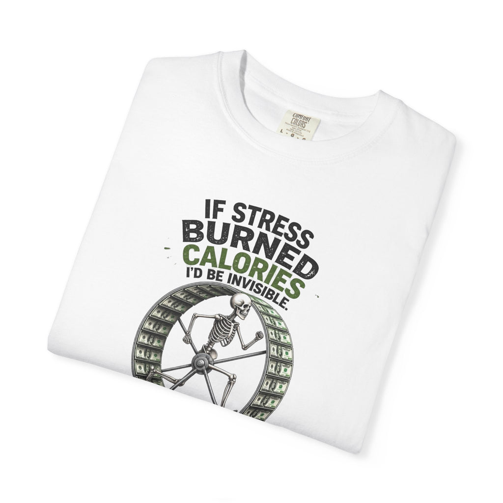 Stress Burns Calories T-Shirt — Funny Workout Hamster Wheel Graphic Tee